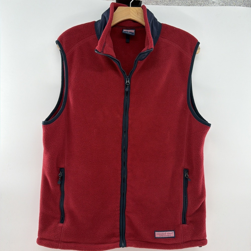 Vineyard Vines Fleece Vest Mens Medium Red Full Zip Mock Neck Sleeveless